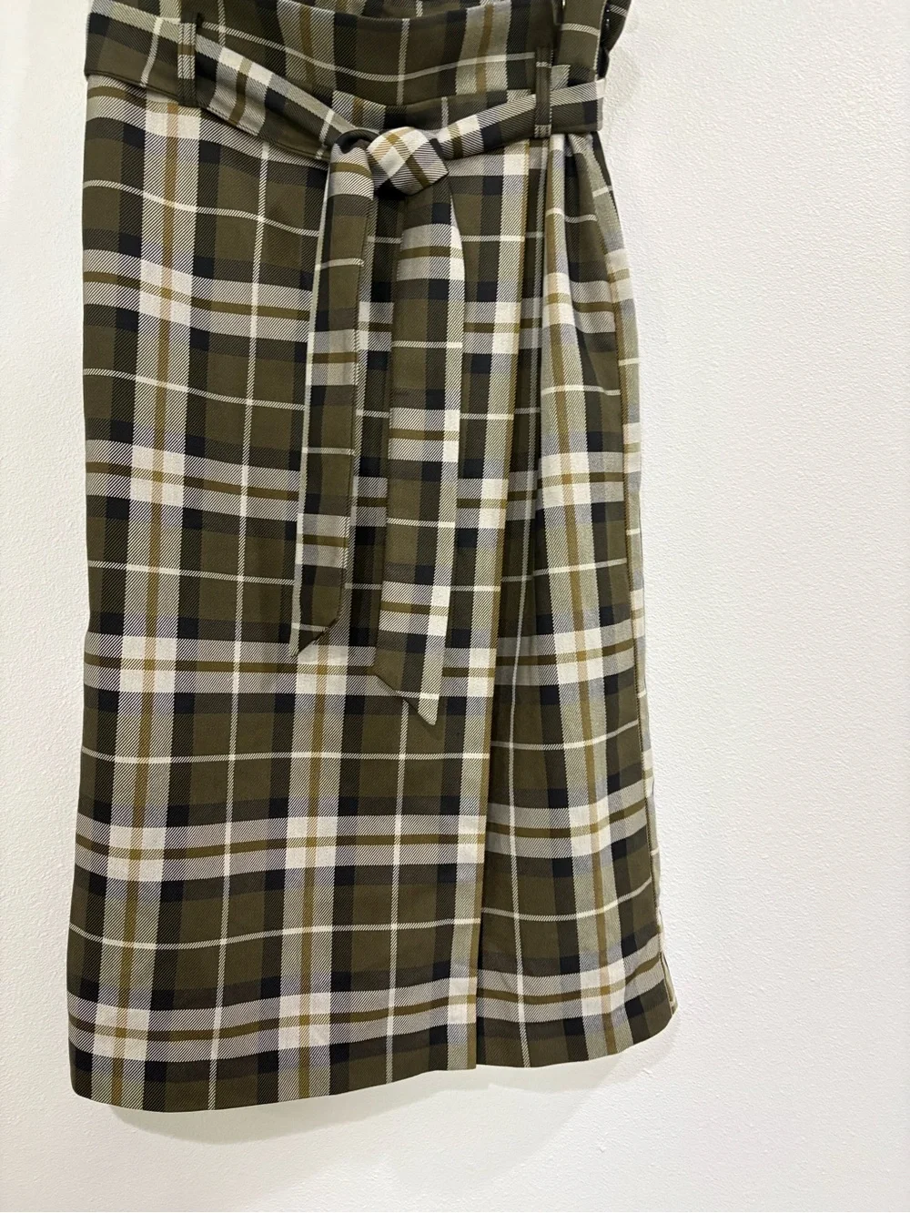 H&M Olive and Cream Plaid Midi Skirt with Tie Waist